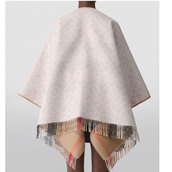 BURBERRY check TB logo fringe reversible poncho cape wrap - Picture 5 of 6